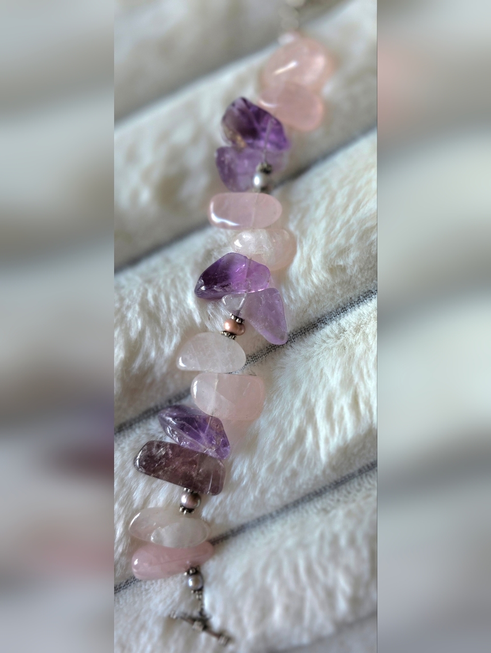 Rose Quartz And Amethyst Stone Bracelet. Accented With A Silver Toggle